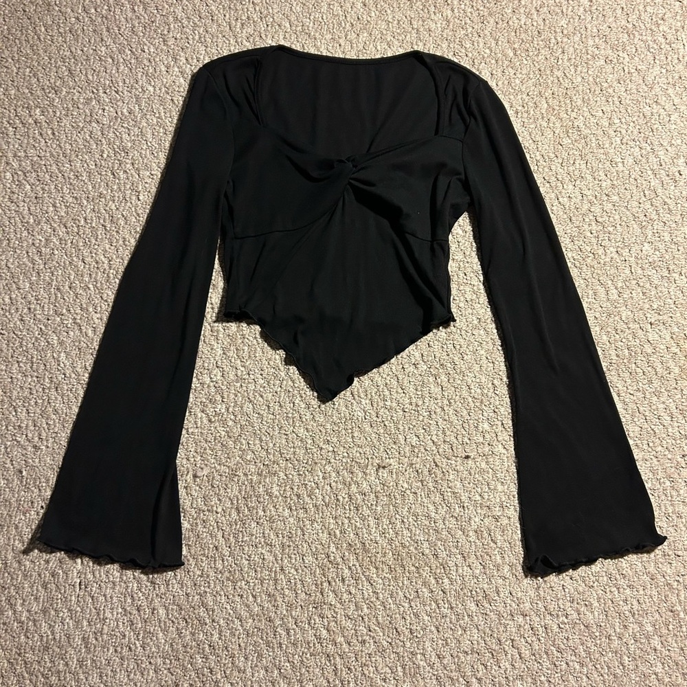 SHEIN BAE Trumpet Sleeve Lettuce Trim Twist Hanky Hem Crop Tee